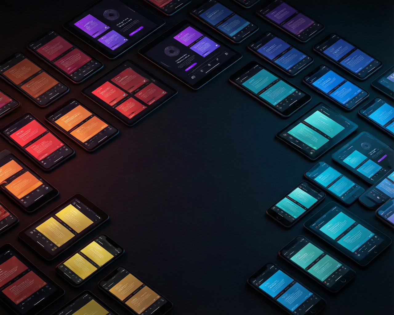 Colorful social media post mockups showing warm and cool color palettes arranged on a dark surface