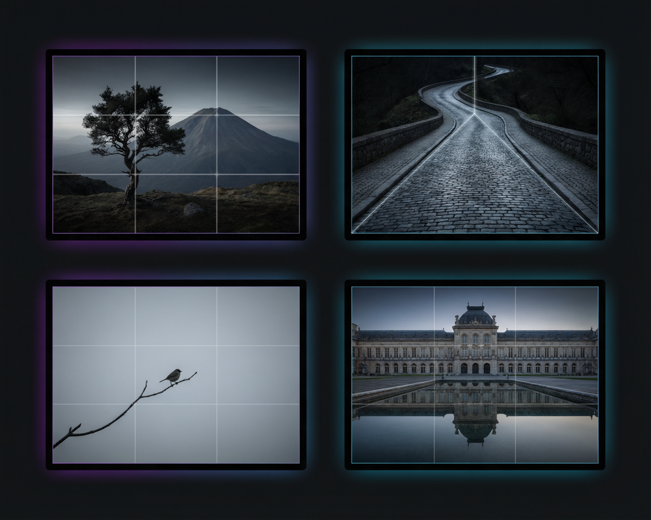 Grid of four photos demonstrating composition techniques: rule of thirds, leading lines, negative space, and symmetry