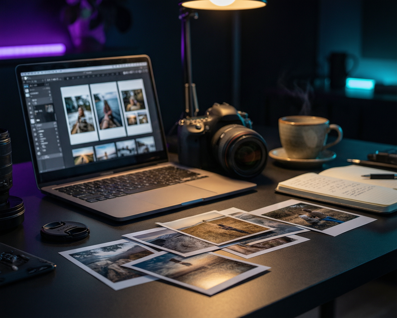 Photographer workspace with laptop showing photo grid, camera, and printed photos on a dark desk