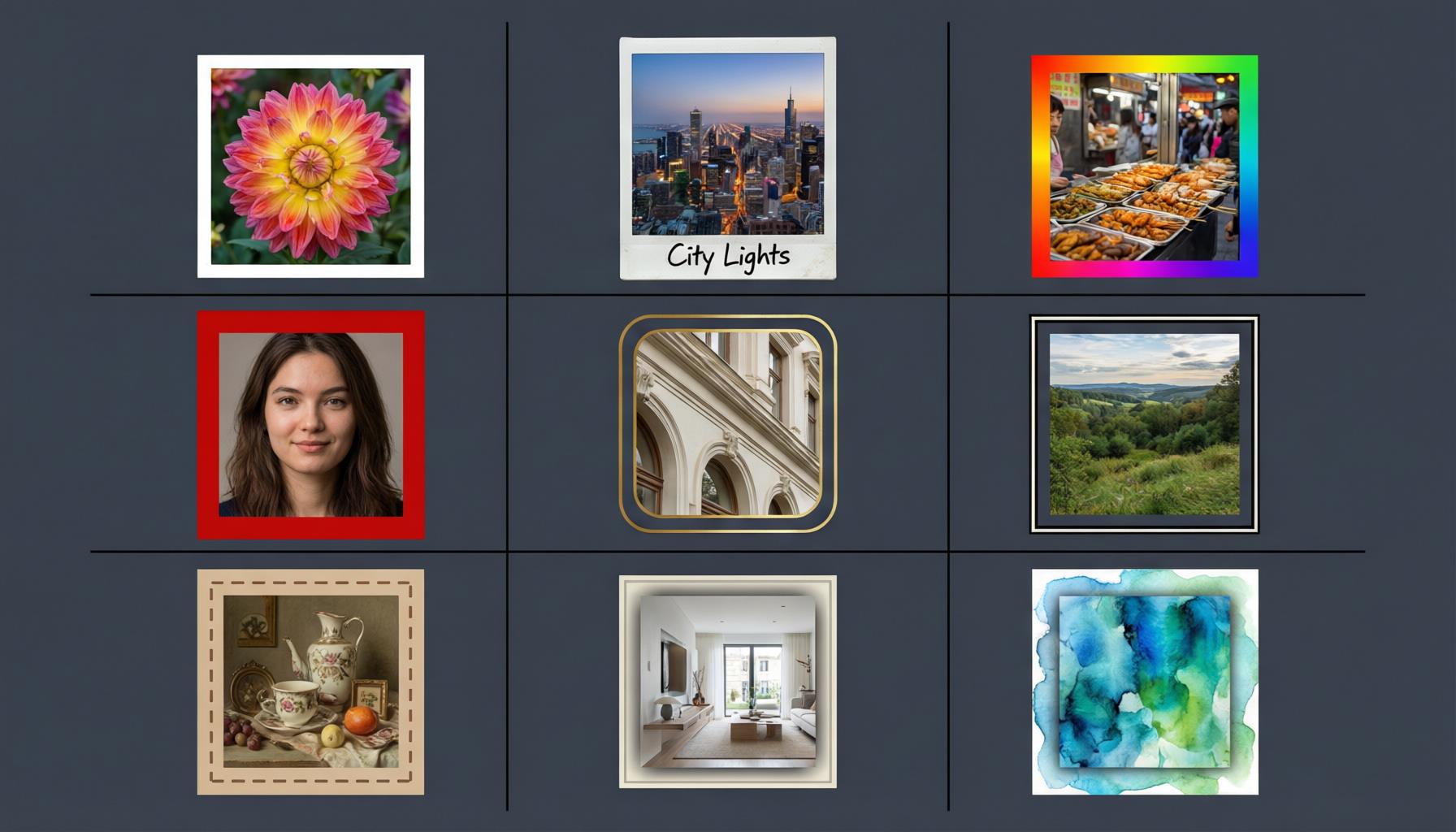 Grid showing different border styles applied to photos — solid white, polaroid, gradient, colored, and rounded corners
