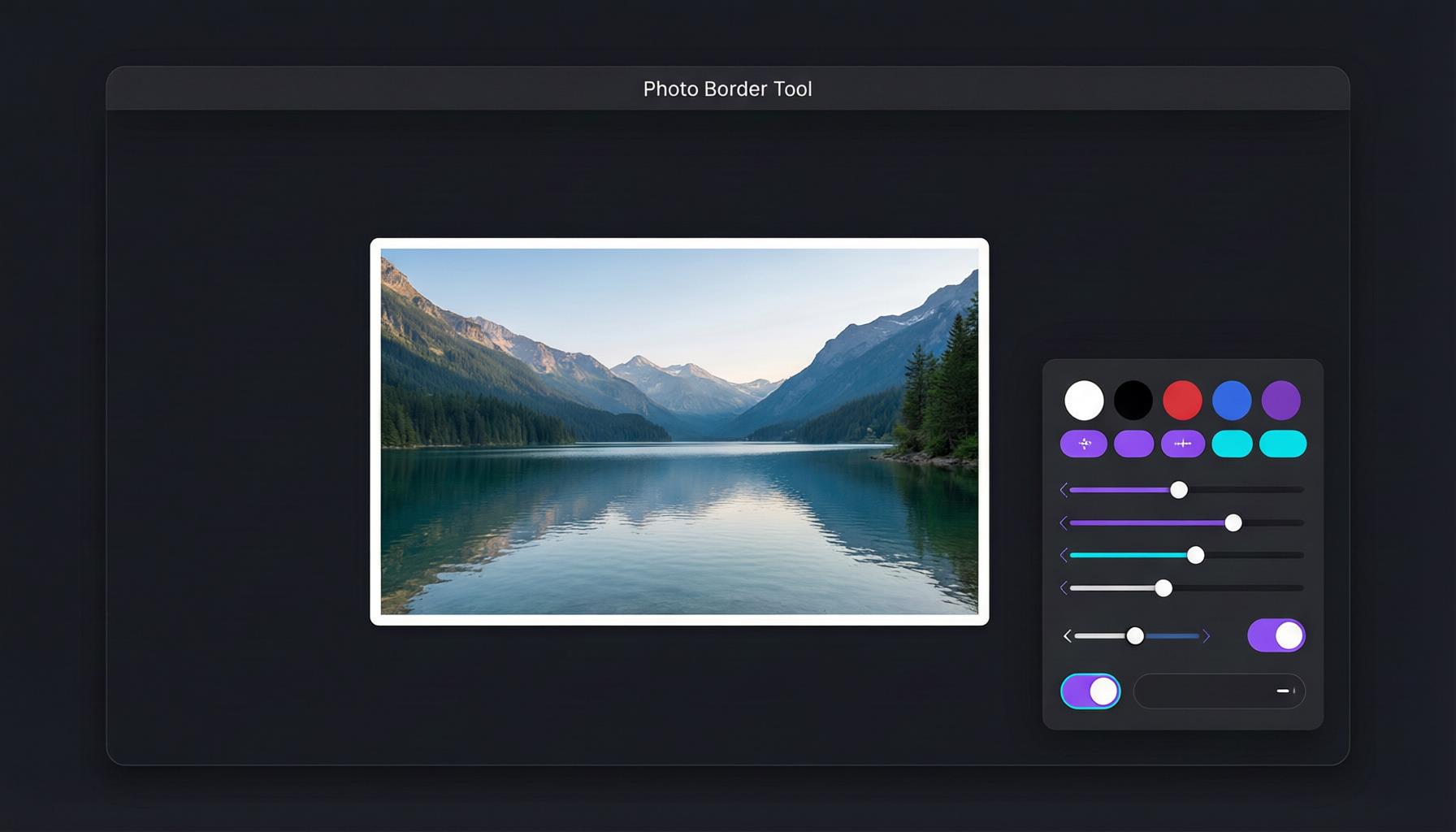 AdBorder tool interface showing a photo with a white border being applied using the controls panel